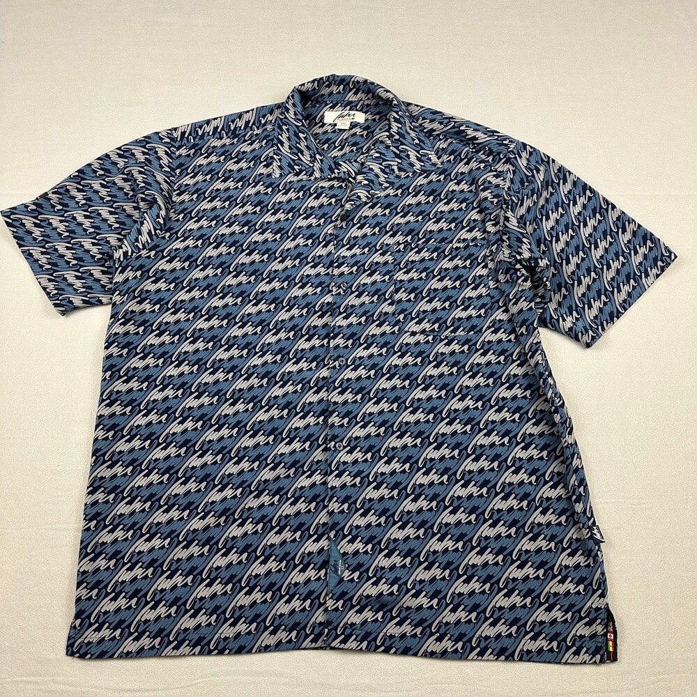 Vintage Fubu Shirt Men 2XL Blue Allover Script Print Limited Edition Button Up